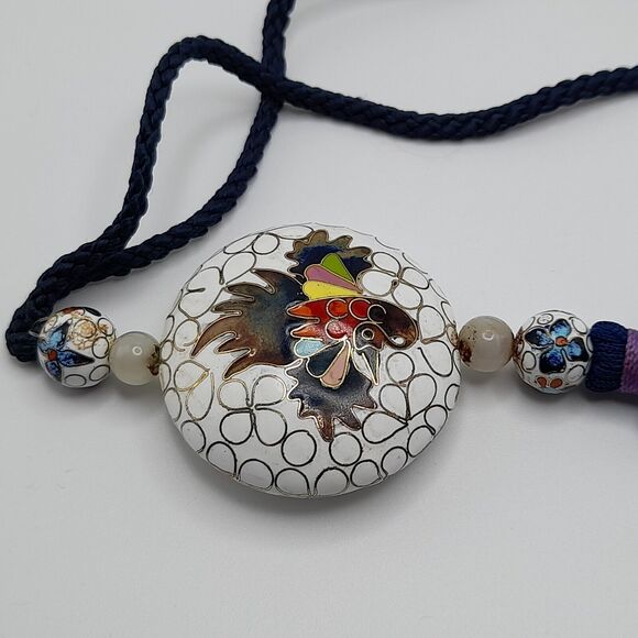 VTG Large Cloisonne Pendant on Navy Cord 28” Necklace - Picture 10 of 10